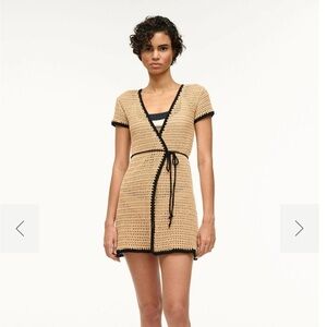 STAUD Tan Crochet Spritz Coverup Dress with Black Accents